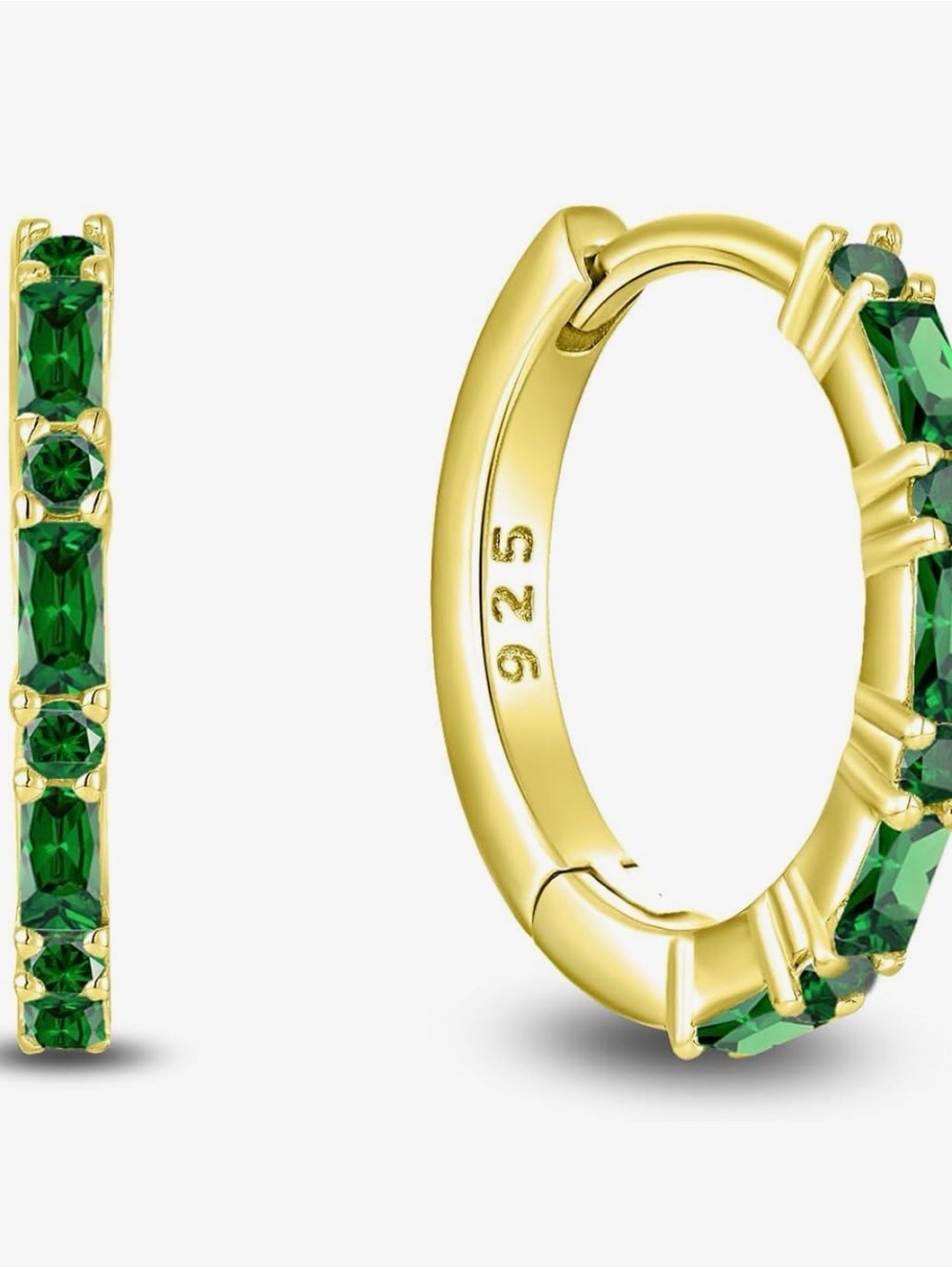 Gold-Plated Hoop Earrings with Emerald Green Stones